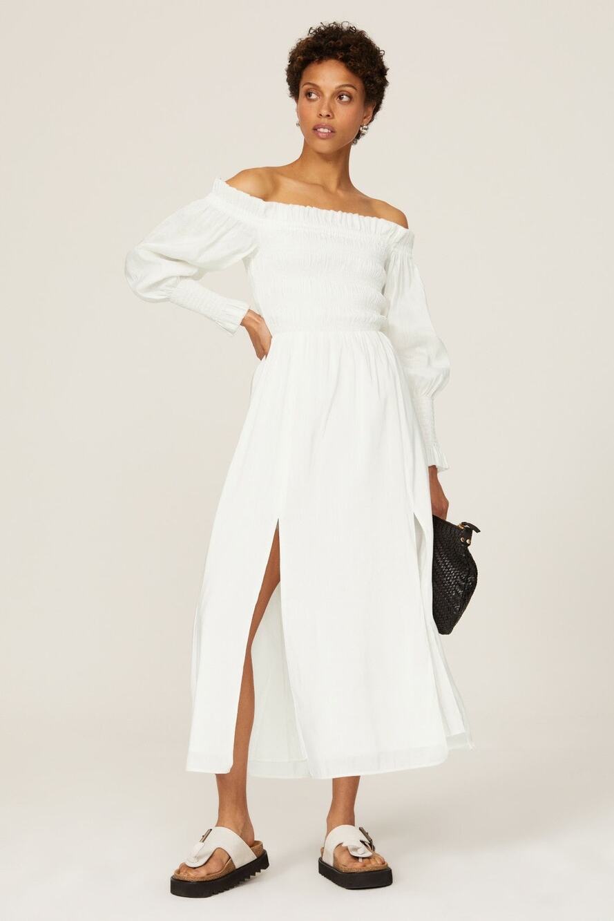 All Saints Lary White Linen Silk Shoulder Long Sleeve Slit Midi Dress Size 6